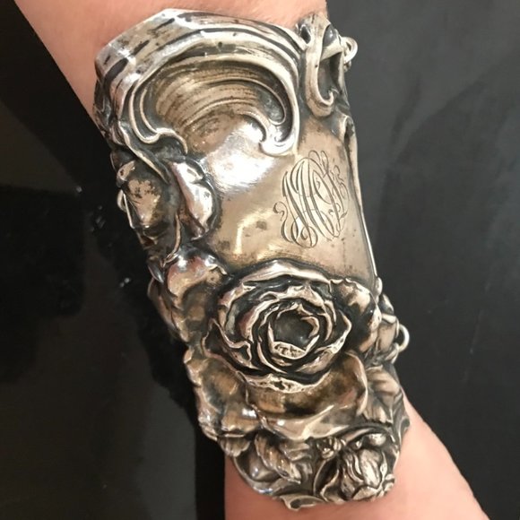 Rose Sterling Silver 925 Bracer Wide Cuff Bracelet Victorian Gladiator Floral - Picture 1 of 11